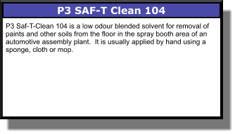 P3 SAF-T Clean 104 P3 Saf-T-Clean 104 is a low odour blended solvent for removal of paints and other soils from the floor in the spray booth area of an automotive assembly plant.  It is usually applied by hand using a sponge, cloth or mop.